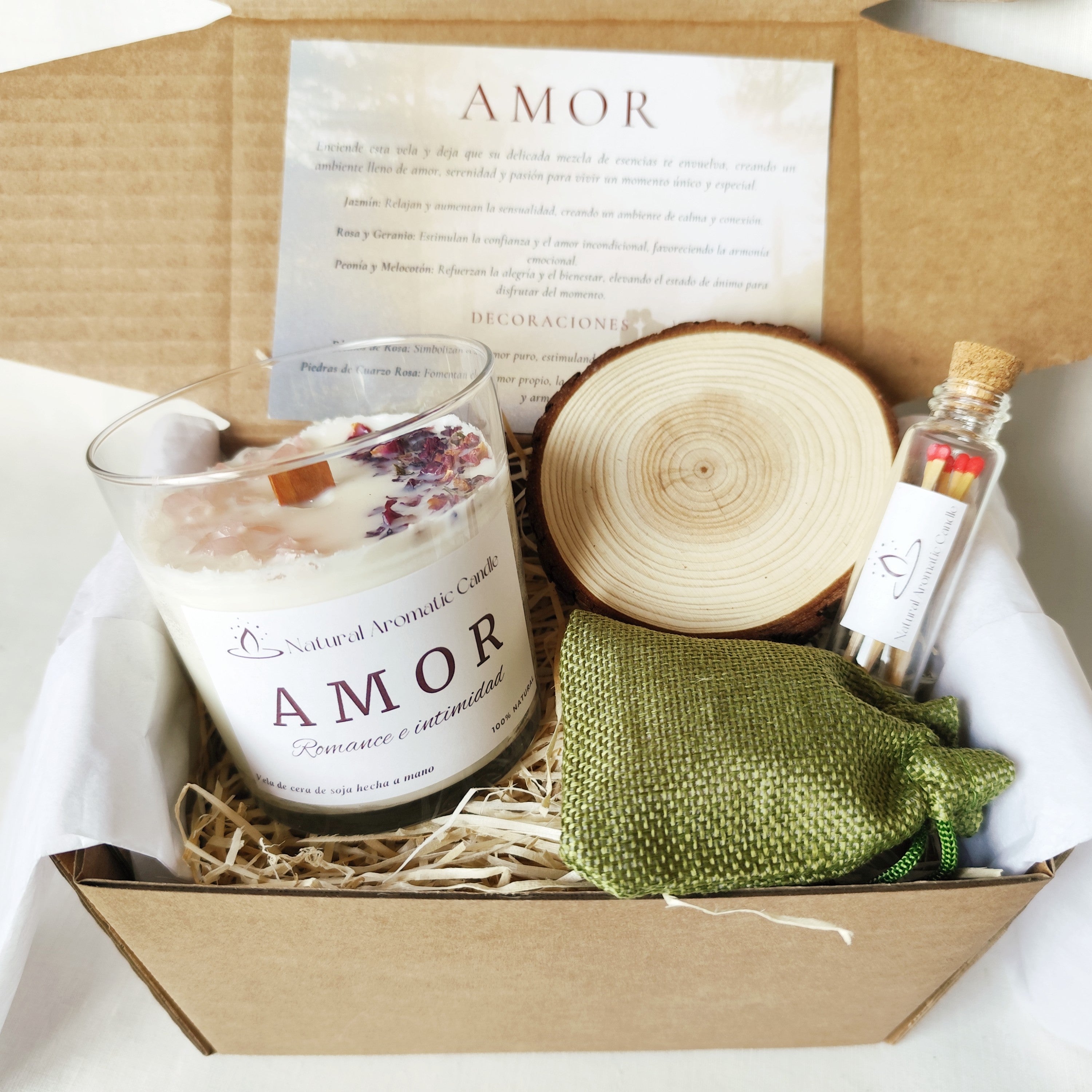 Caja sensaciones con vela amor grande y posavasos madera