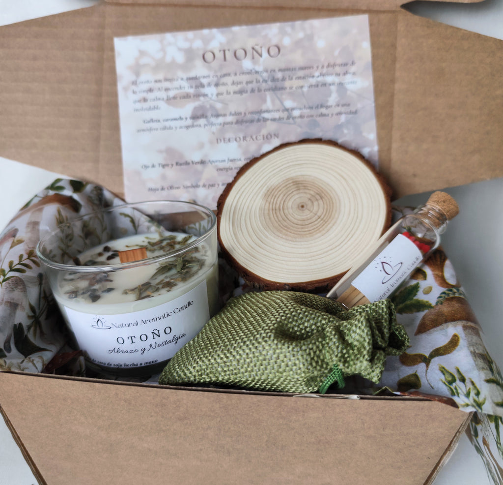 caja de regalo lista para regalar con vela mediana de otoño, posavasos de madera, cerillas, tarjeta explicativa y regalo