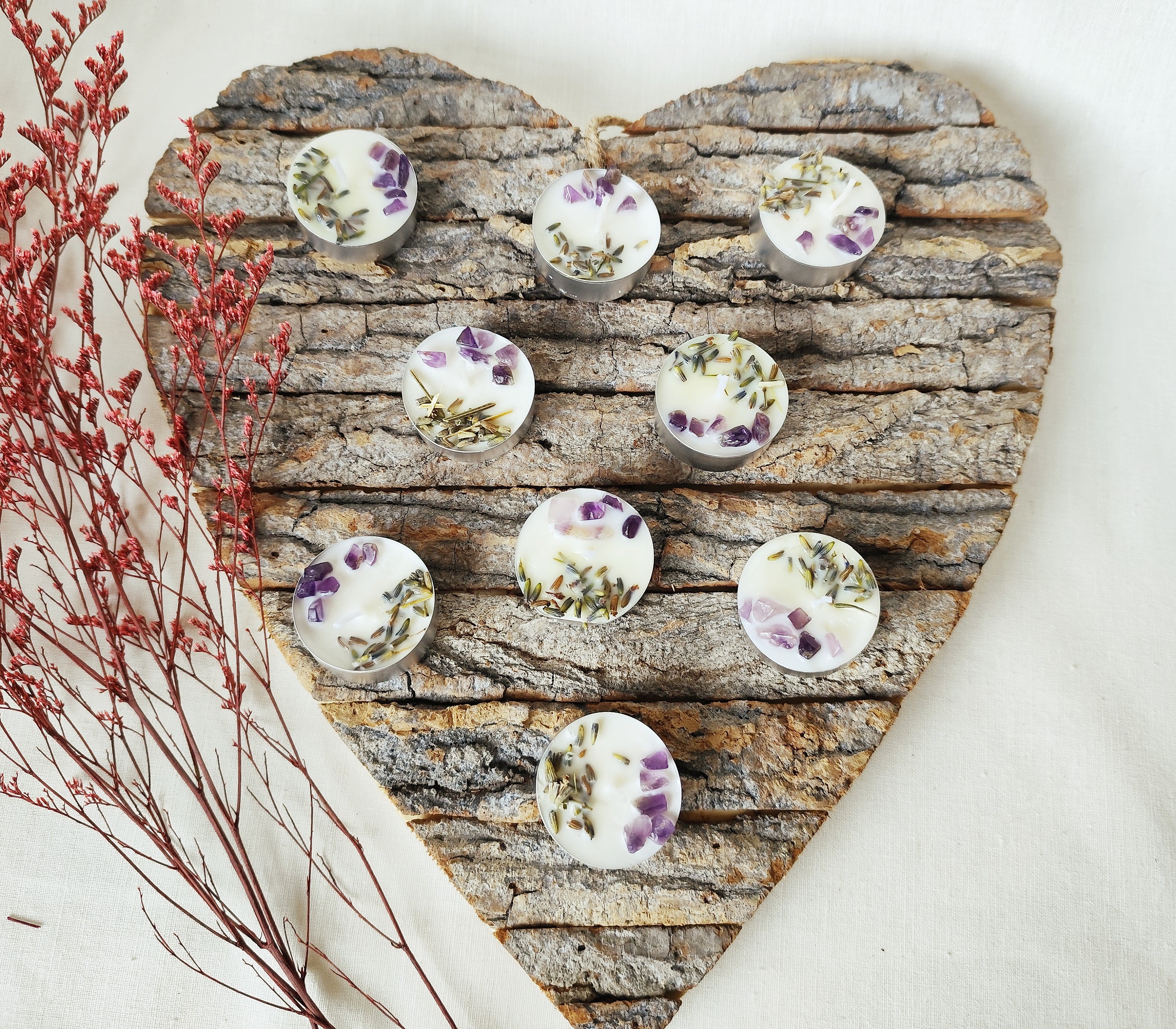 Dormir Bien – Set de 9 Velas de Té con Amatista, Lavanda y Posavasos de Madera