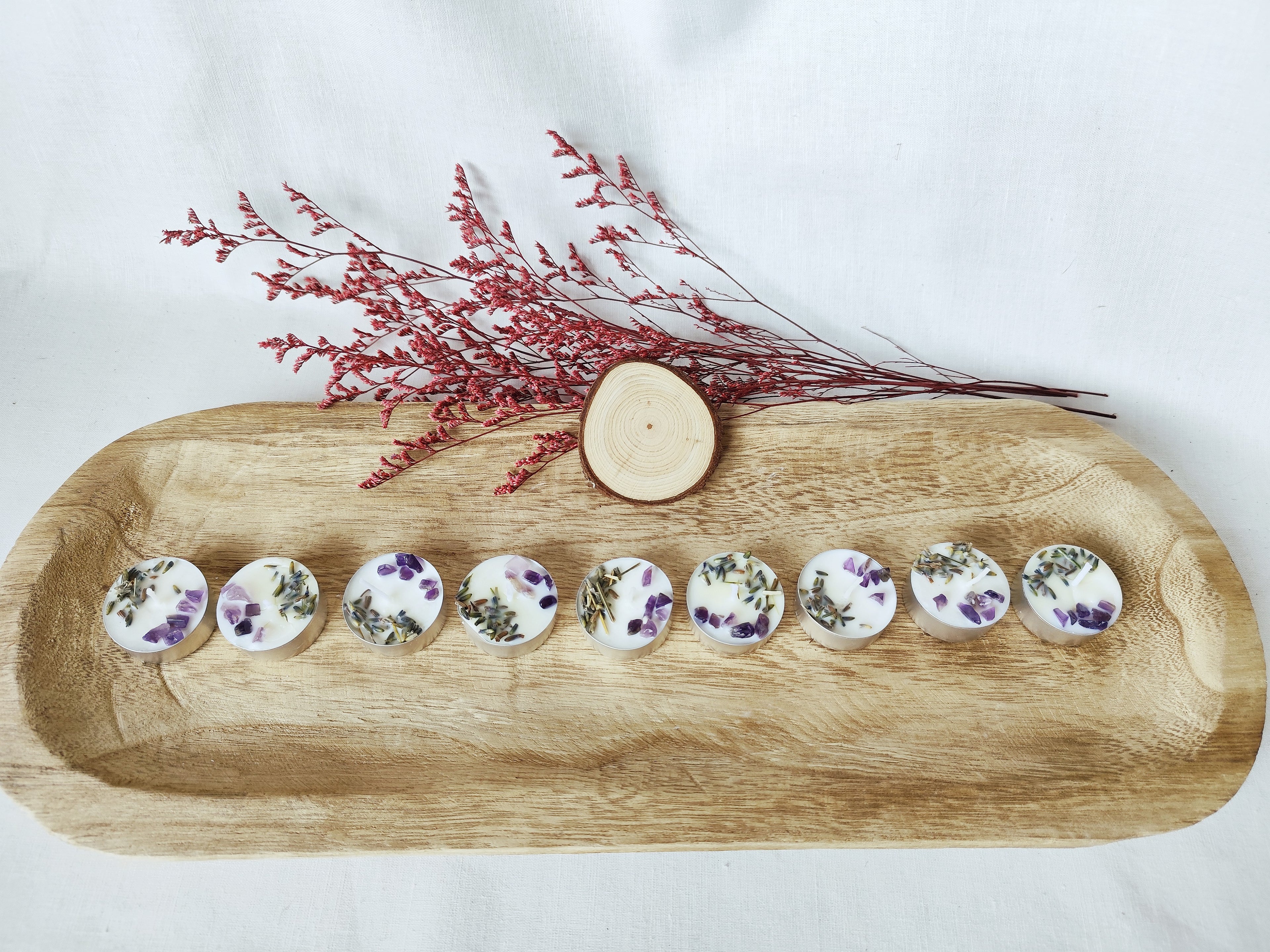 Dormir Bien – Set de 9 Velas de Té con Amatista, Lavanda y Posavasos de Madera