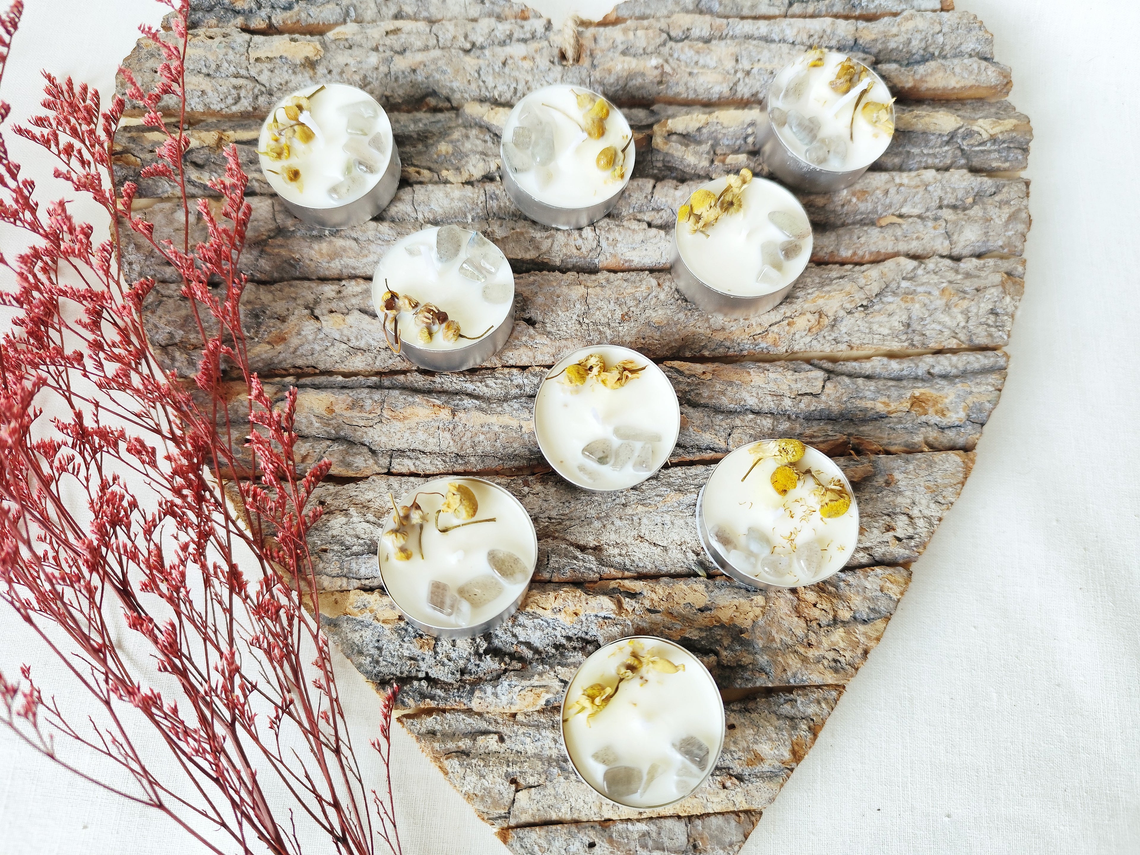 Set de 9 Velas de Té “Canción de Cuna” con Posavasos de Madera – Lavanda & Manzanilla para Relajar y Dormir Mejor