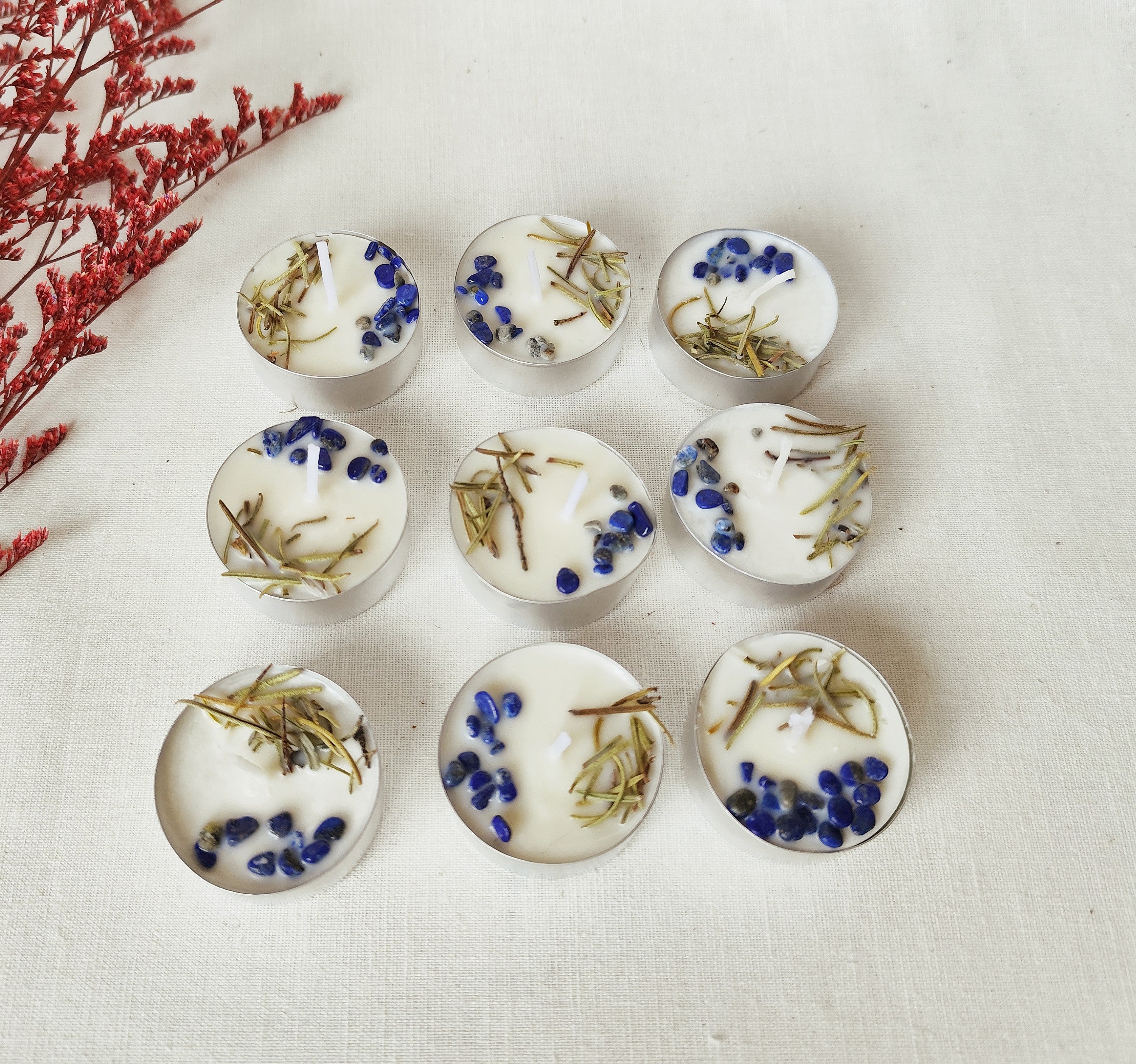 Set de 9 Velas de Té “Focus” con Posavasos – Enfoque y claridad en pequeños momentos