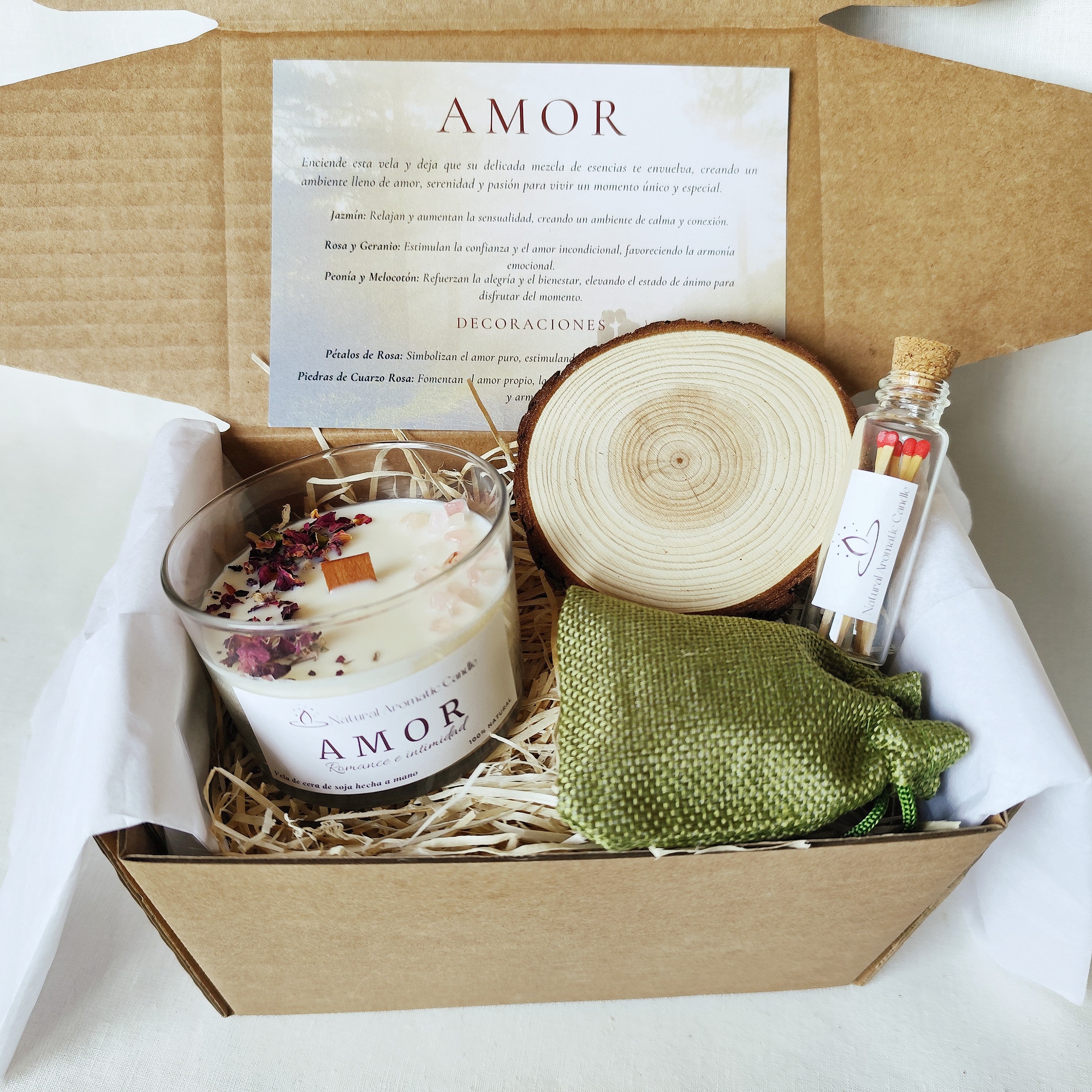 Set de regalo con vela mediana Amor, posavasos, cerillas, tarjeta y regalo