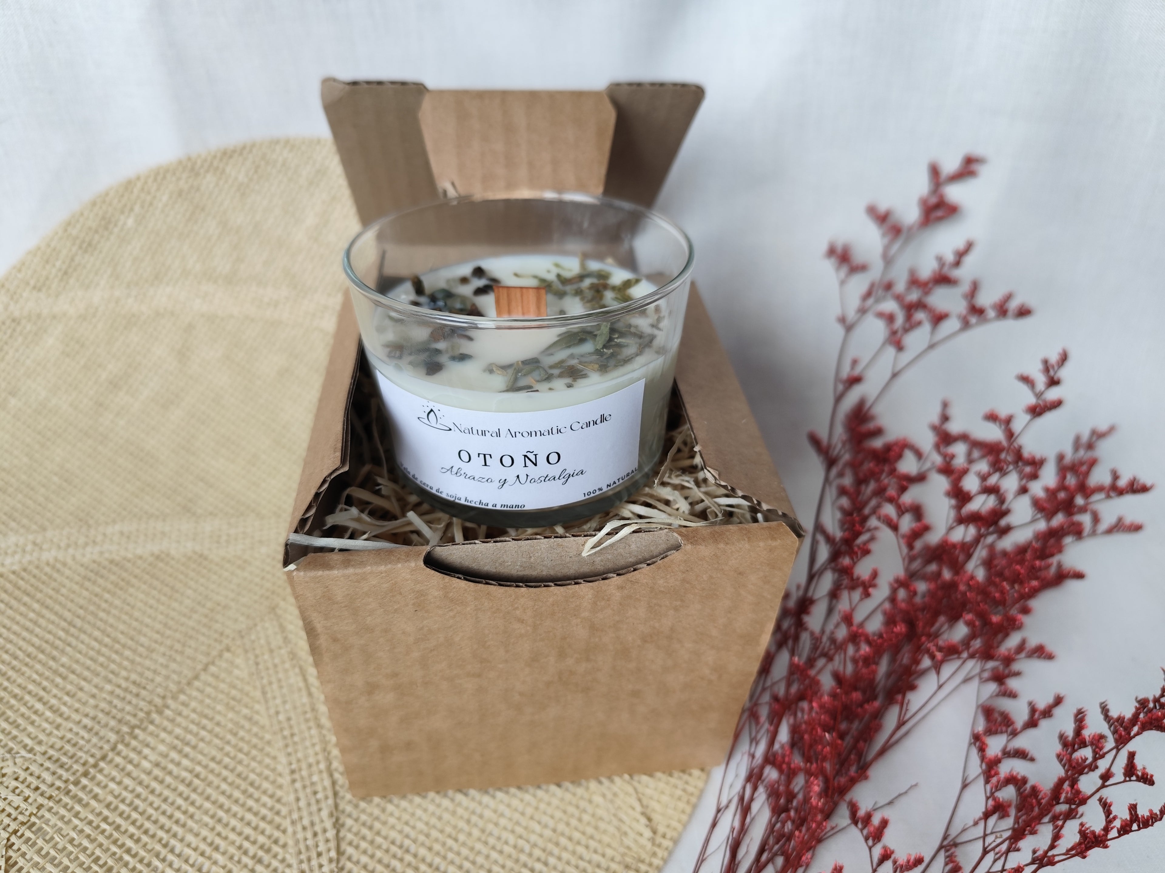 caja de regalo con vela mediana otoño lista para regalar