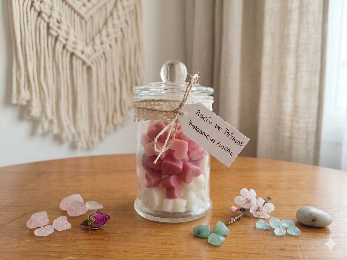 Wax melts románticos con aroma a flores frescas y pétalos de rosa.