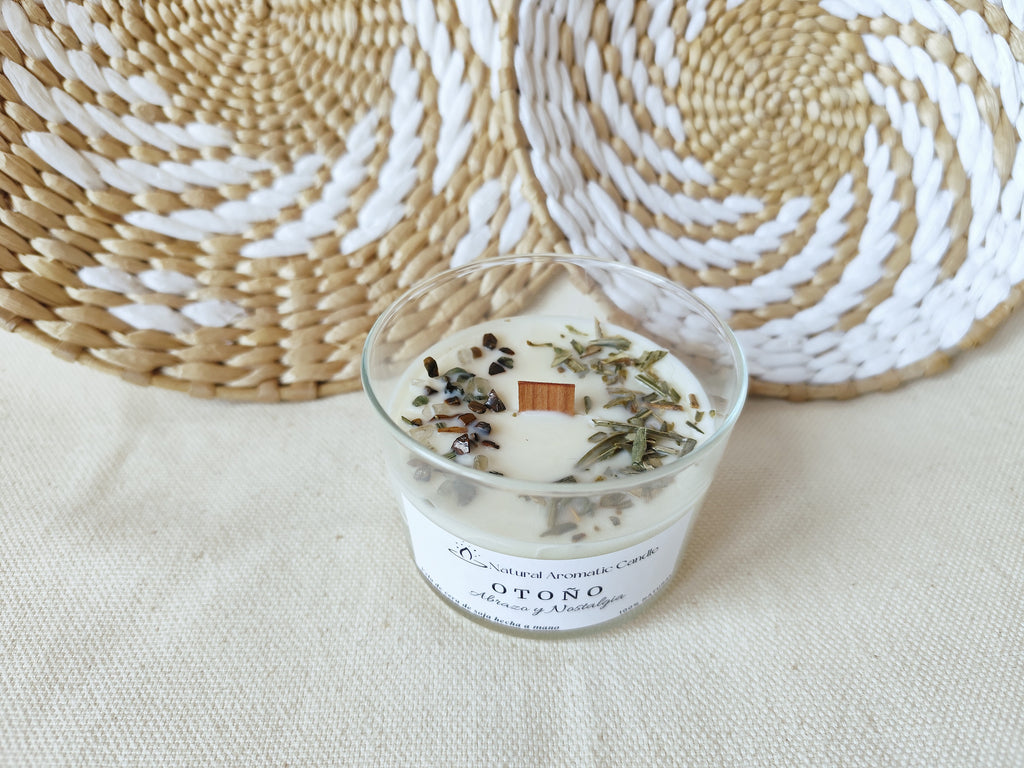 vela otoño con decoracion de hoja de olivo y malaquita