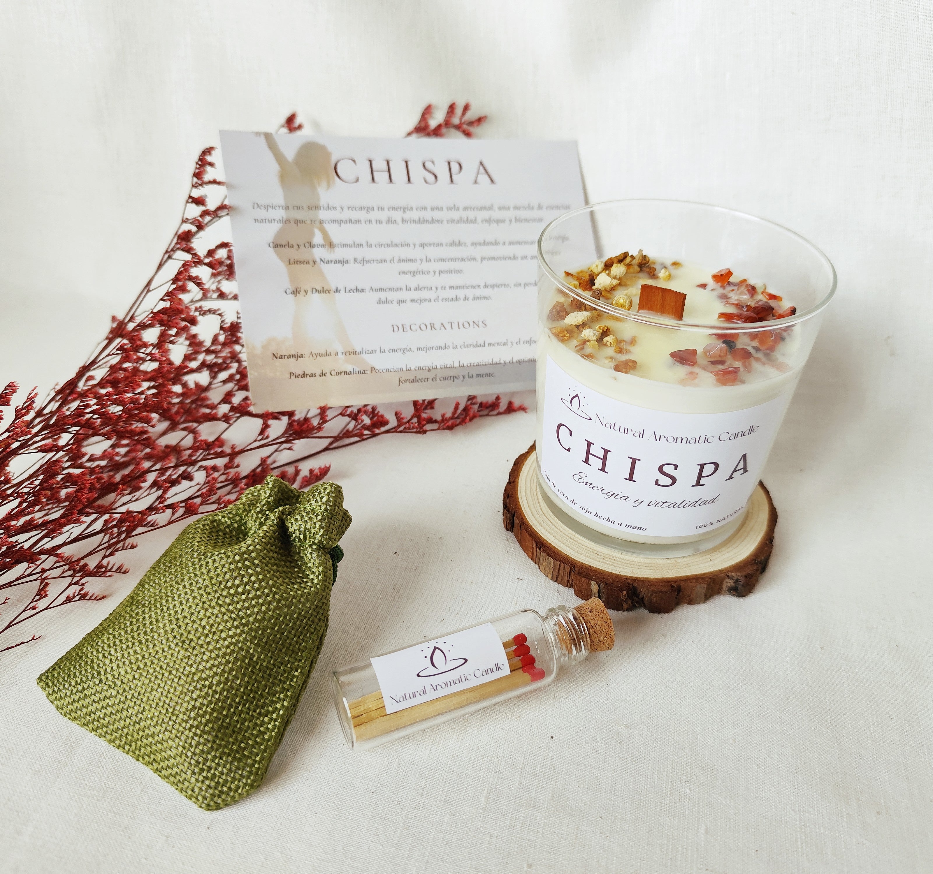 ela natural hecha a mano con esencia energética y diseño artesanal elegante.