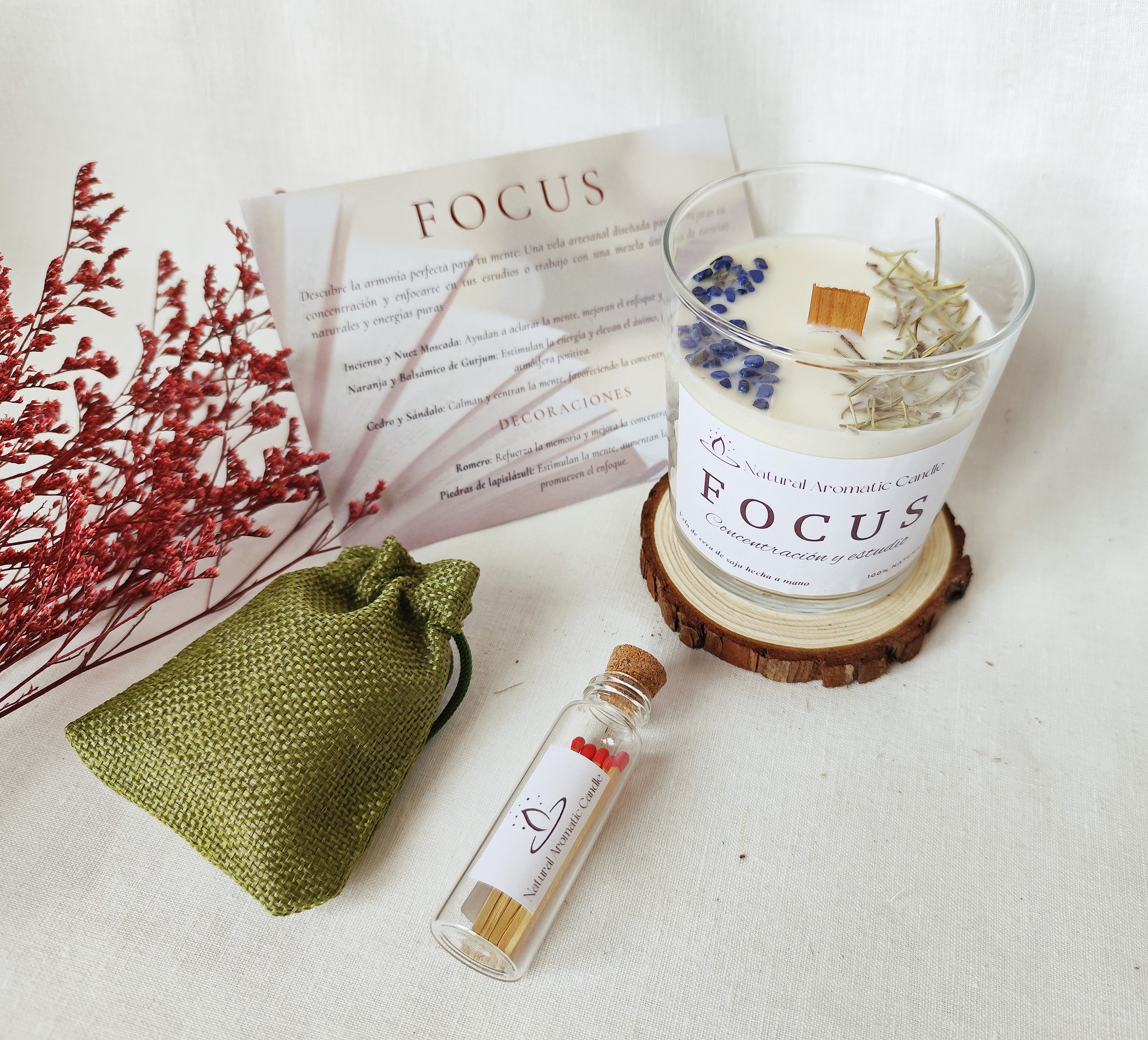 Vela Focus con combinación aromática cálida y revitalizante para aumentar la motivación.